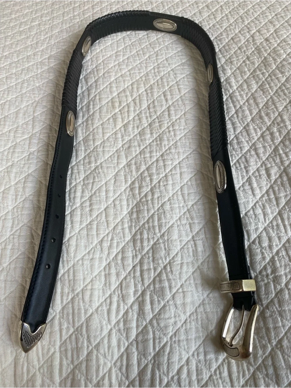Western Boho Festival Black Braided Leather Belt with Silver Conchos Cowboy